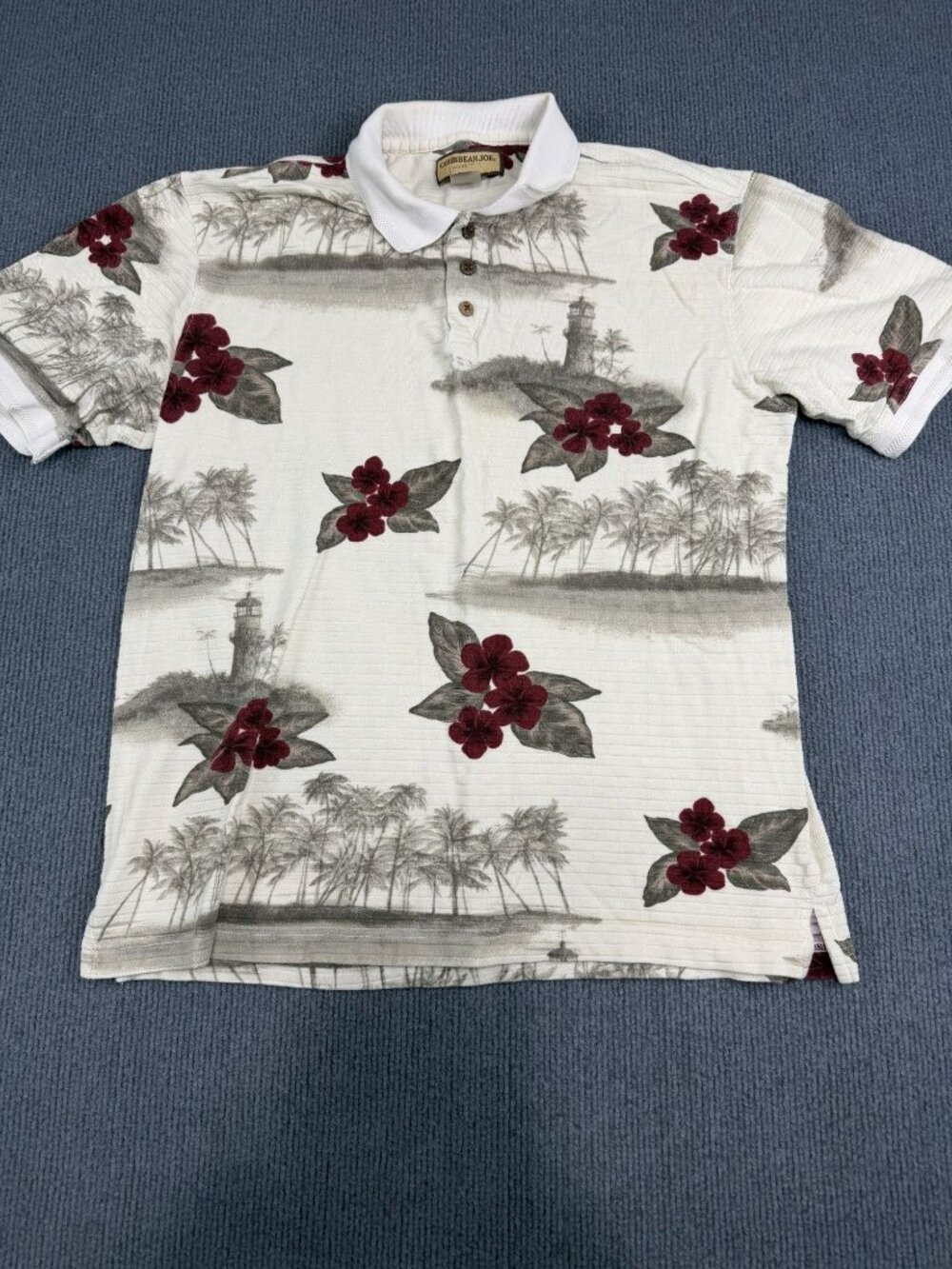 Caribbean Joe Mens XL Hawaiian Polo Shirt Palm Lighthouse Floral Print